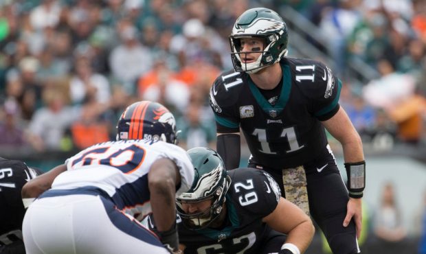 PHILADELPHIA, PA - NOVEMBER 5: Carson Wentz #11 of the Philadelphia Eagles waits for the snap again...