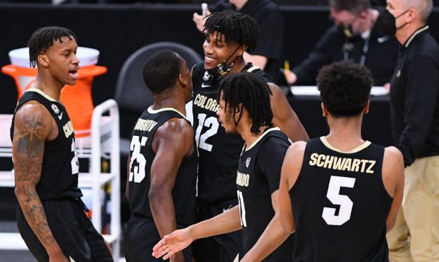 LAS VEGAS, NV - MARCH 12: Colorado Buffaloes guard McKinley Wright IV (25) celebrates with Colorado...