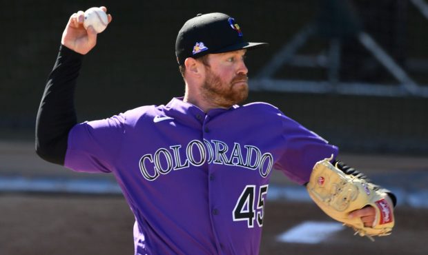 SCOTTSDALE, AZ - FEBRUARY 24: Colorado Rockies pitcher Scott Oberg, right, at Salt River Fields at ...