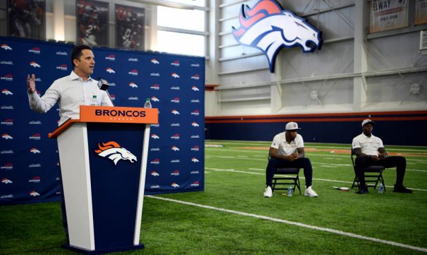ENGLEWOOD, CO - MARCH 18: Denver Broncos cornerback Ronald Darby (center), and Broncos running back...