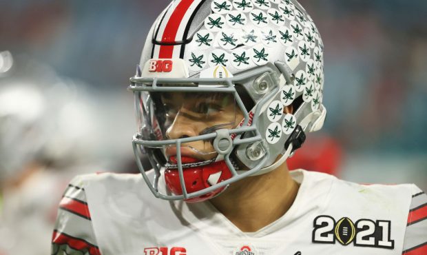 MIAMI GARDENS, FLORIDA - JANUARY 11: Justin Fields #1 of the Ohio State Buckeyes looks on during th...