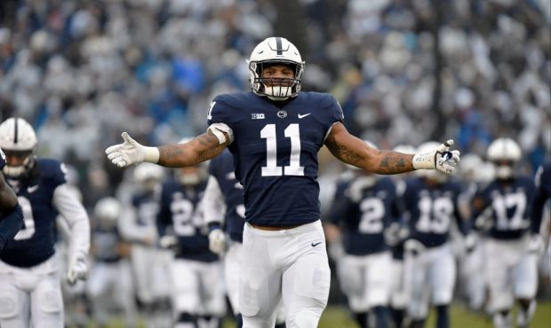 STATE COLLEGE, PA - NOVEMBER 24: Penn State LB Micah Parsons (11) leads the team onto the field bef...