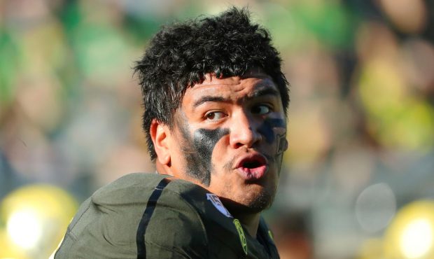 EUGENE, OREGON - OCTOBER 05: Penei Sewell #58 of the Oregon Ducks looks on prior to taking on the C...
