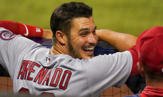 MIAMI, FL - APRIL 05: Nolan Arenado #28 of the St. Louis Cardinals smiles in the dugout during the ...
