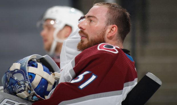 SAINT PAUL, MN - APRIL 5: Philipp Grubauer #31 of the Colorado Avalanche adjusts his mask during a ...