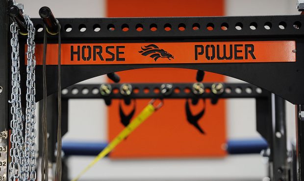 Top of a weight bench inside of the Denver Broncos waeight training room at Dove Valley Wednesday m...