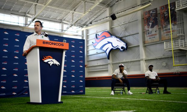 ENGLEWOOD, CO - MARCH 18: Denver Broncos cornerback Ronald Darby (center), and Broncos running back...