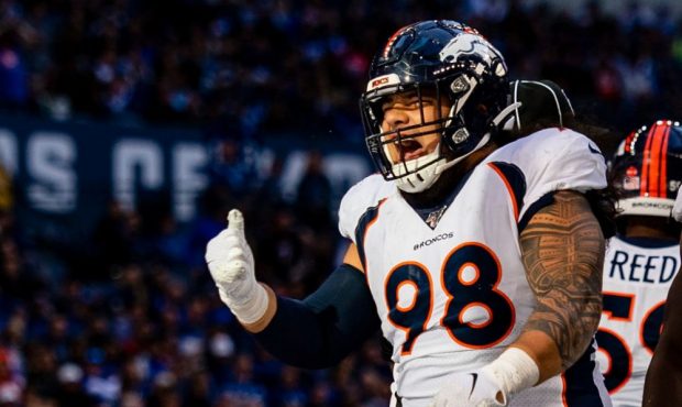 INDIANAPOLIS, IN - OCTOBER 27: Mike Purcell #98 of the Denver Broncos reacts after making a tackle ...