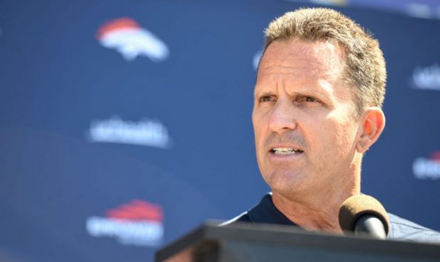 EAGAN , MN - AUGUST 12: Denver Broncos general manager George Paton speaks to members of the media ...