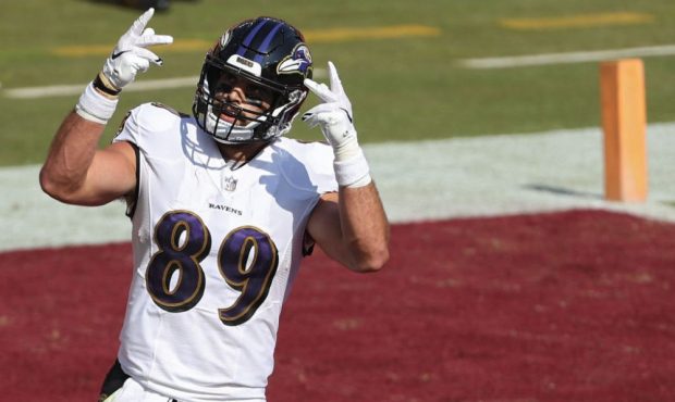 LANDOVER, MARYLAND - OCTOBER 04: Tight end Mark Andrews #89 of the Baltimore Ravens celebrates his ...