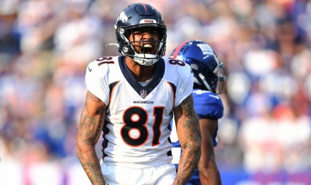 EAST RUTHERFORD, NEW JERSEY - SEPTEMBER 12: Denver Broncos wide receiver Tim Patrick (81) celebrate...