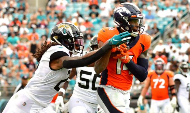JACKSONVILLE, FLORIDA - SEPTEMBER 19: Wide receiver Courtland Sutton #14 of the Denver Broncos runs...