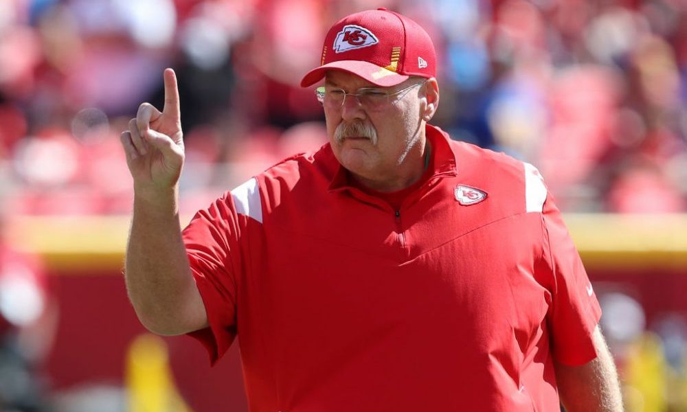 KANSAS CITY, MO - SEPTEMBER 26: Kansas City Chiefs head coach Andy Reid signals to his team before ...