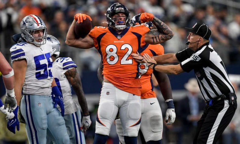 ARLINGTON , TX - NOVEMBER 7: Eric Saubert (82) of the Denver Broncos after the referee had to blow ...