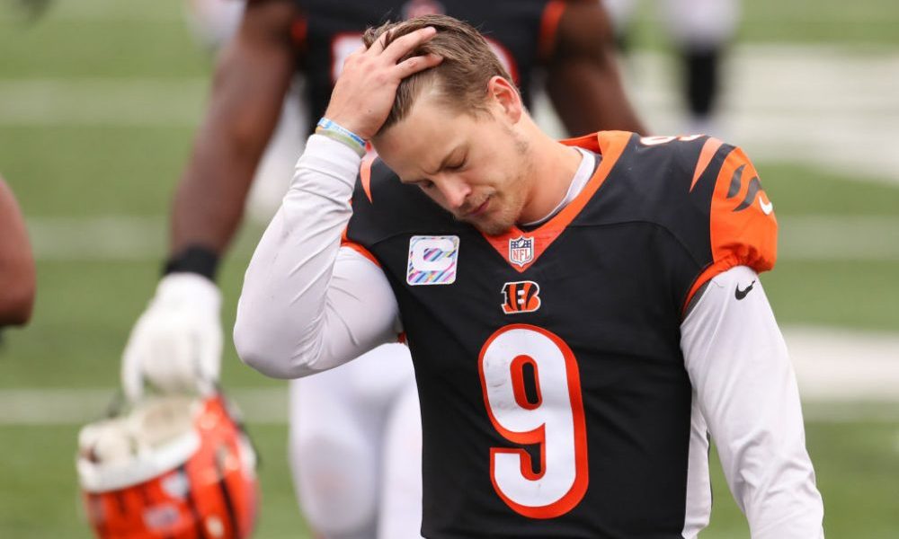 CINCINNATI, OH - OCTOBER 25: Cincinnati Bengals quarterback Joe Burrow (9) reacts after the game ag...