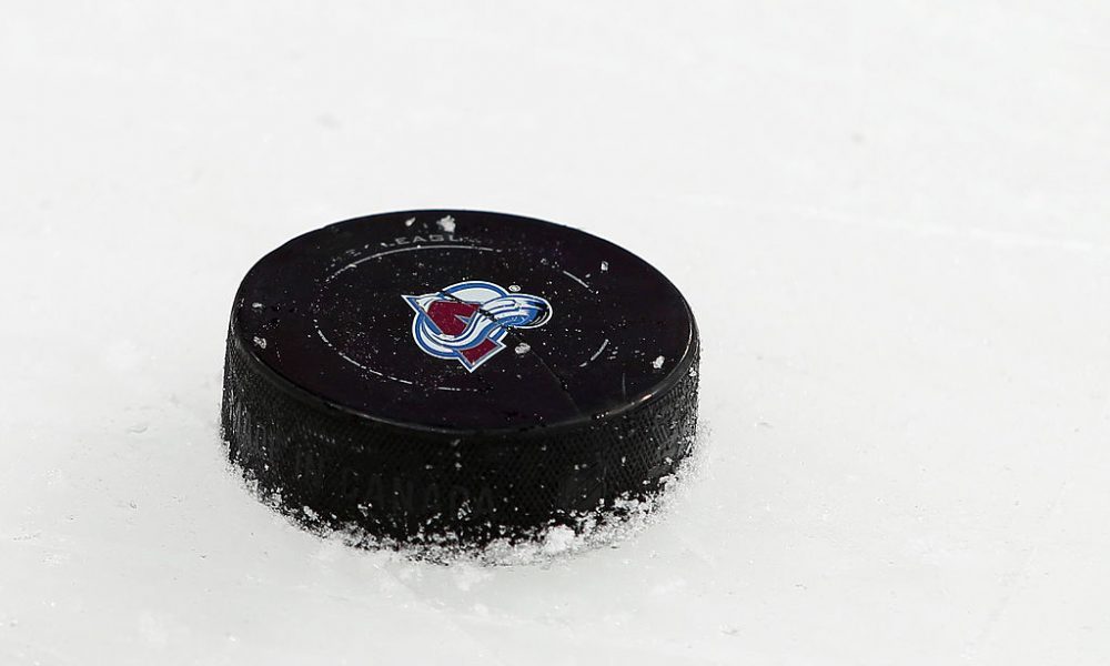 DENVER, CO - MARCH 03: A detail photo of the puck on the ice as the Pittsburgh Penguins face the Co...