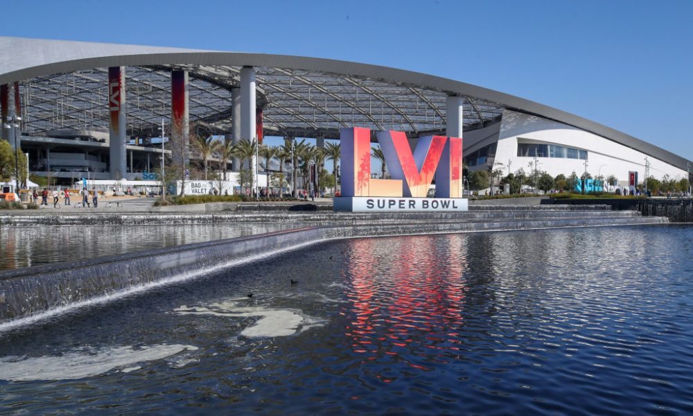 INGLEWOOD, CA - JANUARY 30: A general view of the exterior of SoFi Stadium with the Super Bowl LVI ...