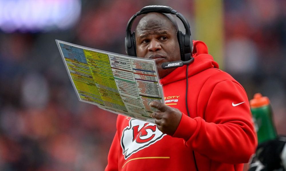 DENVER, COLORADO - JANUARY 08: Offensive coordinator Eric Bieniemy of the Kansas City Chiefs looks ...