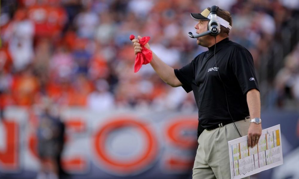 DENVER - SEPTEMBER 21: Head coach Sean Payton of the New Orleans Saints prepares to throw the red f...