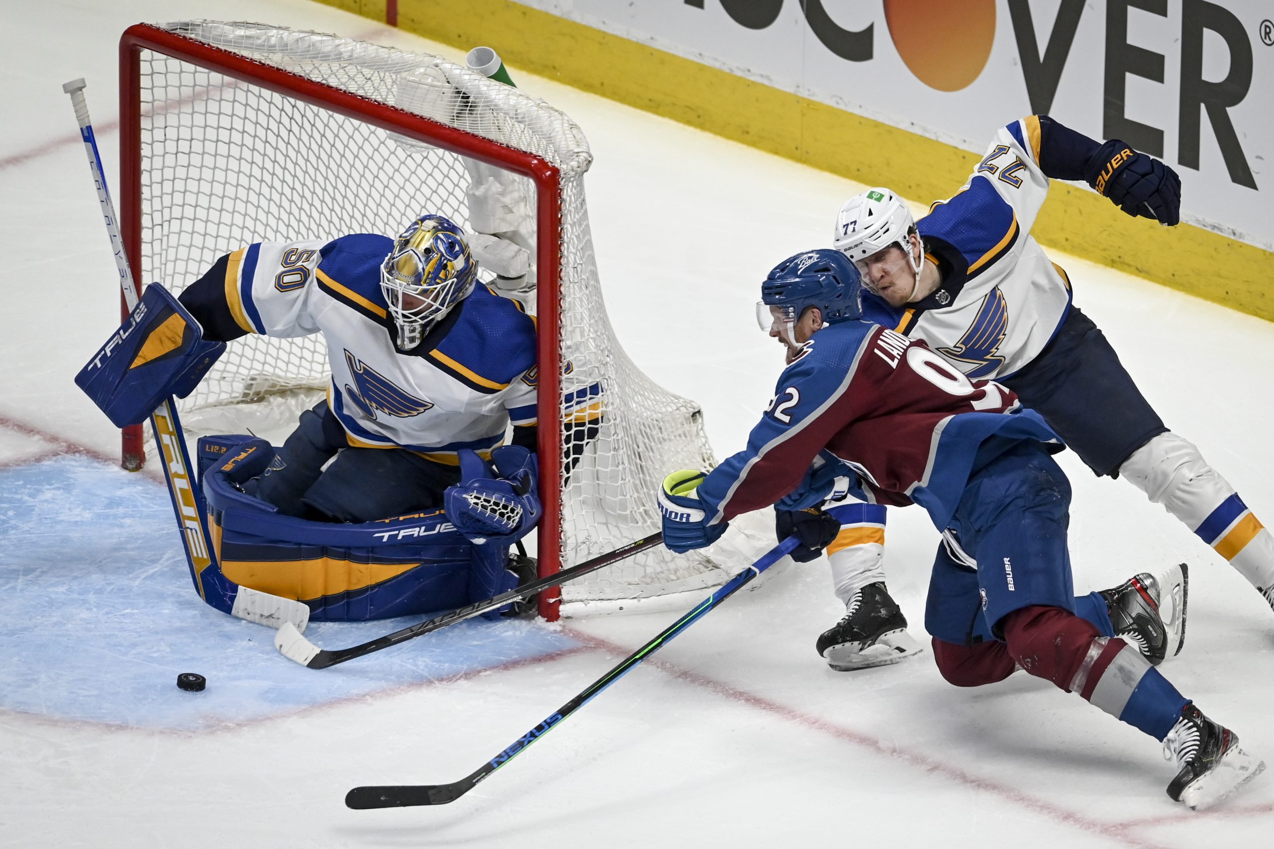 DENVER, CO - MAY 17: Gabriel Landeskog (92) of the Colorado Avalanche cannot get a wrap-around shot...