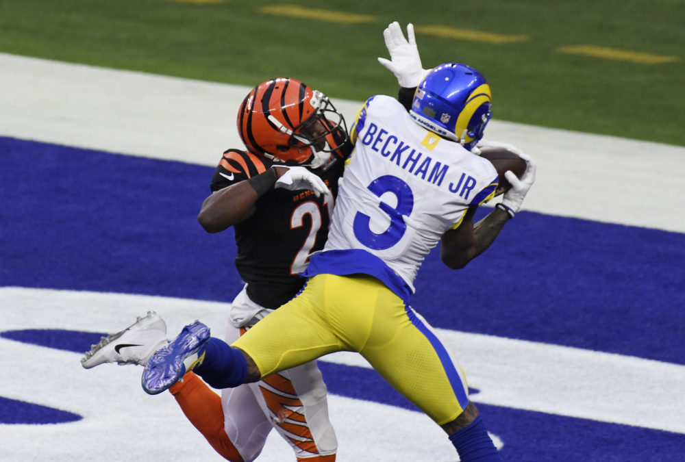 INGLEWOOD, CALIFORNIA - FEBRUARY 13: Odell Beckham Jr. #3 of the Los Angeles Rams catches a touchdo...