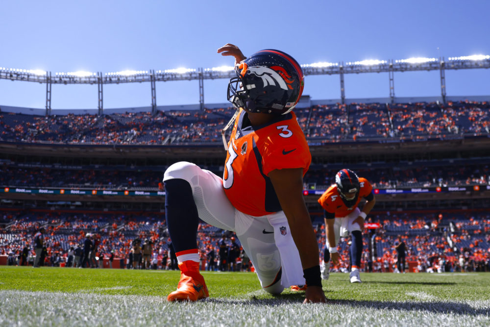 DENVER, COLORADO - SEPTEMBER 18: Russell Wilson #3 of the Denver Broncos warms up prior to playing ...