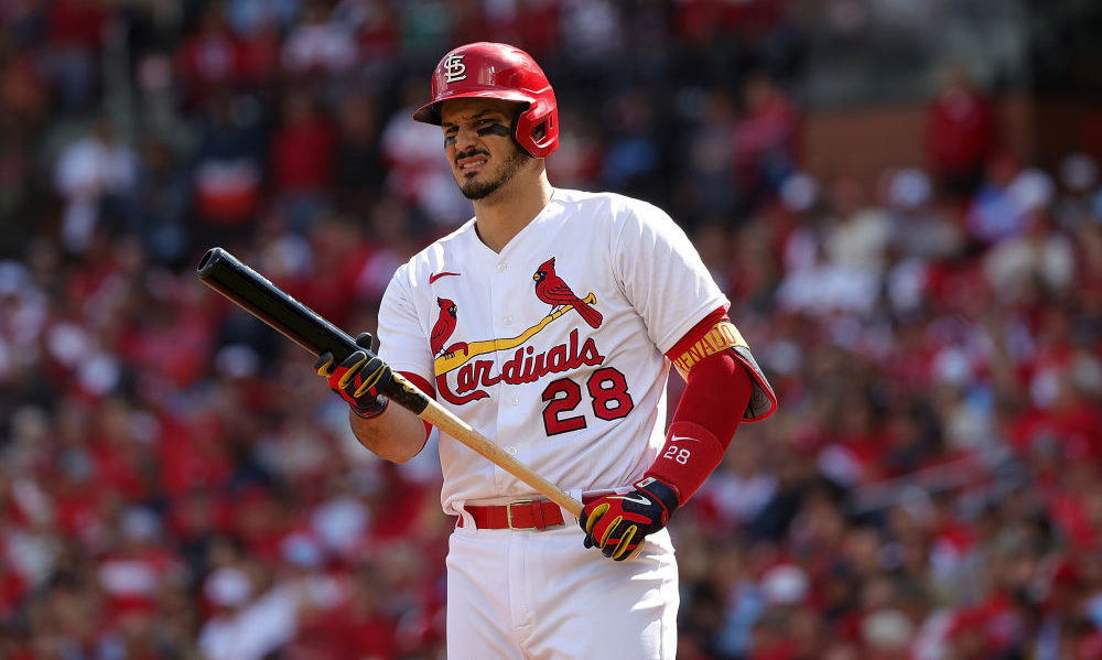 ST LOUIS, MISSOURI - OCTOBER 07: Nolan Arenado #28 of the St. Louis Cardinals at bat during the fir...