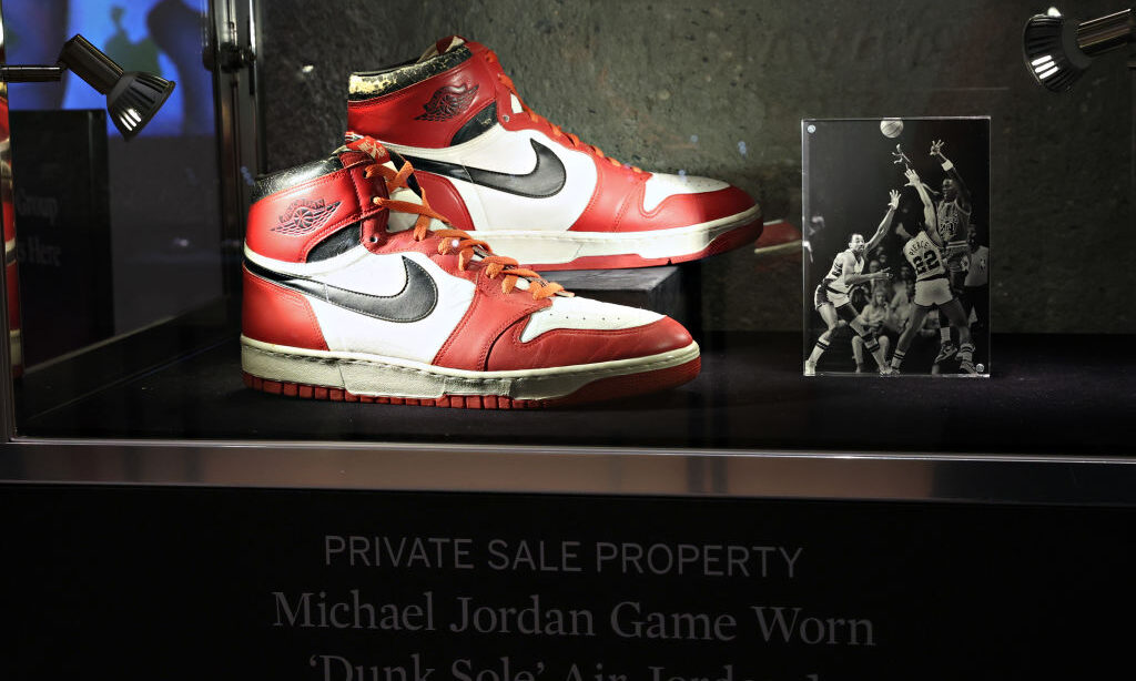 NEW YORK, NEW YORK - JUNE 04:  Michael Jordan game worn 'Dunk Sole' Air Jordan 1 sneakers are on di...