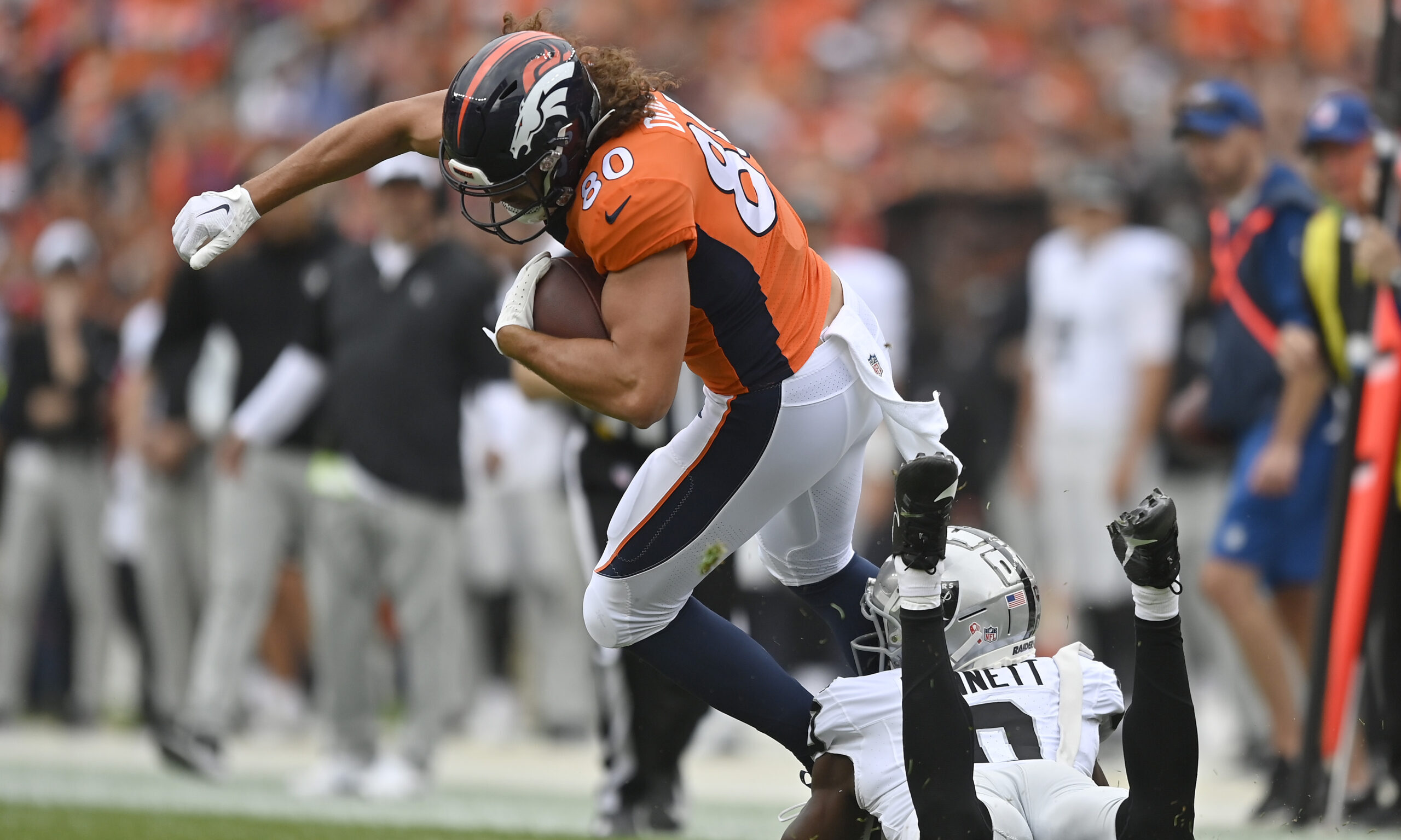 Greg Dulcich of the Denver Broncos...
