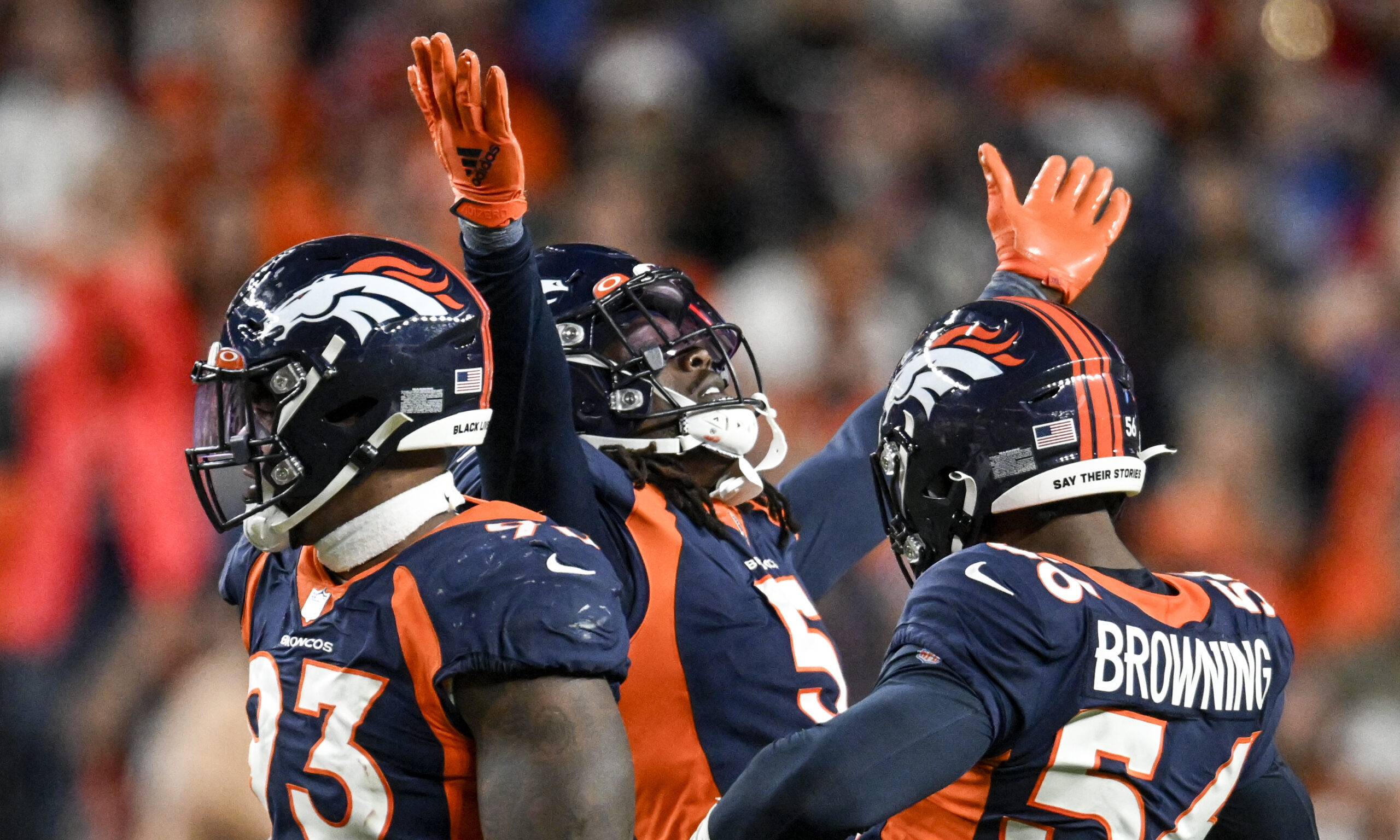 Randy Gregory (5) of the Denver Broncos celebrates sacking Jimmy Garoppolo (10) of the San Francisc...