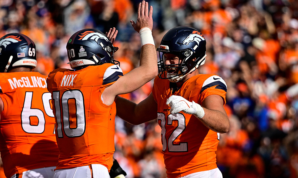 Broncos Bo Nix and Adam Trautman...