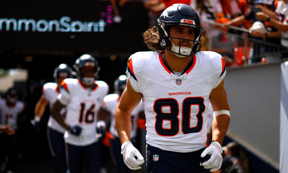 Greg Dulcich #80 of the Denver Broncos...